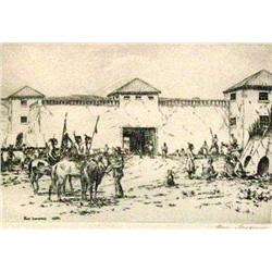 Kleiber, Hans, etching, Fort Laramie, 1846,  7” x 10-1/2”, signed LR.