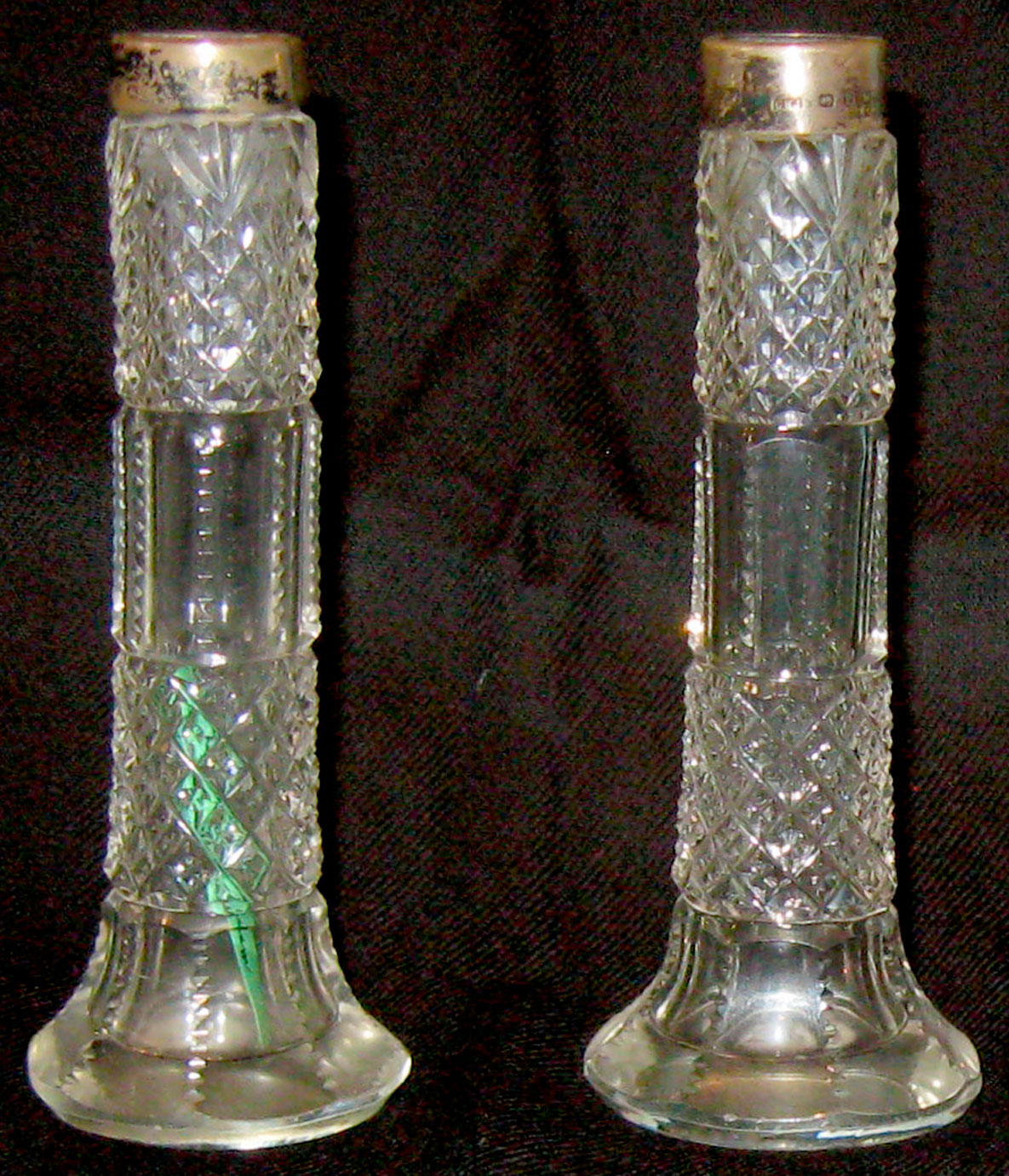 1895 Birmingham, England crystal candle holders, with silver rings and
