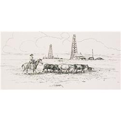 Powell, Dave, art, cowboy leading cattle in front of old oil derricks, 6” x 12”.