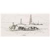 Image 1 : Powell, Dave, art, cowboy leading cattle in front of old oil derricks, 6” x 12”.