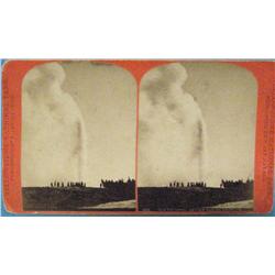 Stereo card, Haynes, F. J., Old Faithful Geyser During Eruption, orange mount.