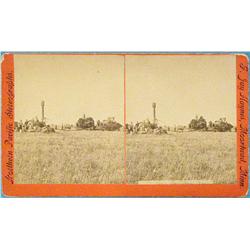 Stereo card, Haynes, F. J., Early Dakota Threshing Scene, orange mount.