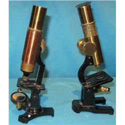 2 brass microscopes, 8” high, late 19th century.