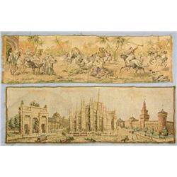 Two woven tapestries, French cathedral scene and Arabian battle scene, 1910 ca,