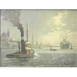 An Irish Oil on Board depicting tug boats ...