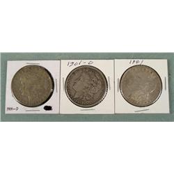 3 Morgan Silver Dollars 1901-O (x2), 1921