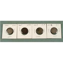 4 Clear Diff Date Shield Nickels 1866, 67, 68. 72