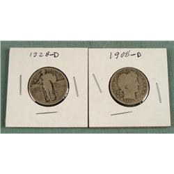 2 Silver Old Quarters 1928-D Standing, 1908-D Barber