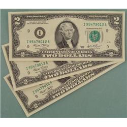 (3) CU Consec # 2003 $2 Bills Notes I Mint Minneapolis