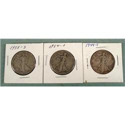 3 Silver Walking Liberty Half Dollars 1933-S, 34-S 44-S