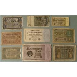 Nine Different Early German Mark Paper Money 1915-1937
