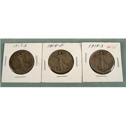3 Silver Walking Liberty Half Dollars 1917-S, 18-S 18-D