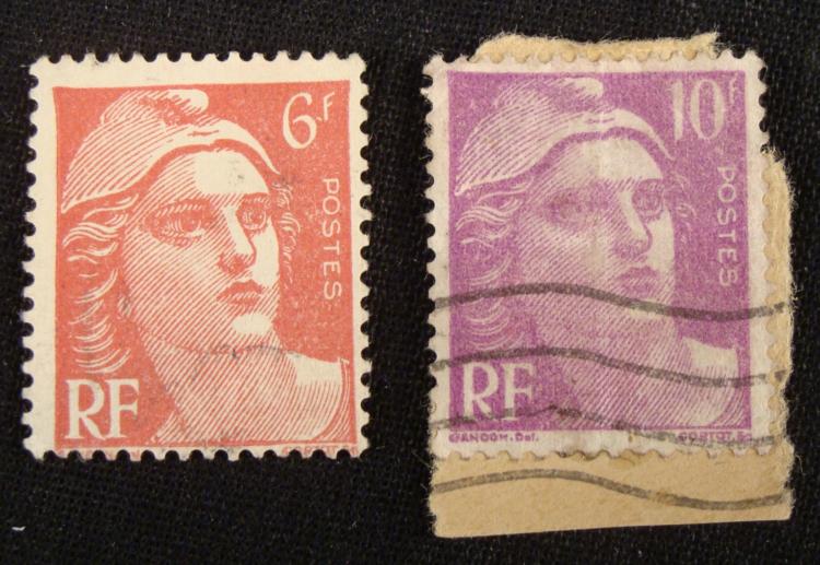 2 French Stamps Marianne Head Gandon RF Postes 6, 10f