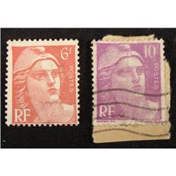 2 French Stamps Marianne Head Gandon RF Postes 6, 10f