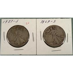 2 Silver Walking Liberty Half Dollars 1927-S, 1929-S