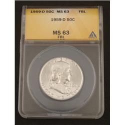 1959-D Franklin Half Slabbed Graded MS63 FBL