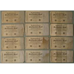 12 Early German 500 Mark 1922 Paper Money