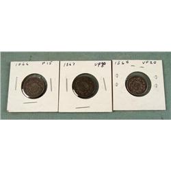 3 Nice Diff Clear Date Shield Nickels 1866, 67, 68
