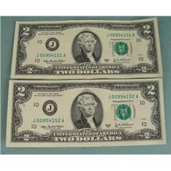 2 Consec # CU 2003 A $2 Bills Notes J Mint Kansas City