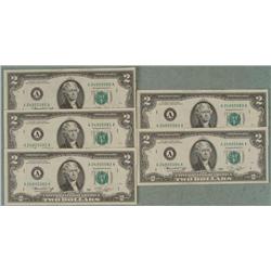 5 Crisp UNC Sequential 1976 $2 Bills A Mint Boston