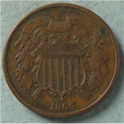 1866 Very High Grade 2 Cent Coin -Great Detail