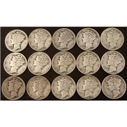 15 Different Date Mercury Silver Dimes 1917-1945