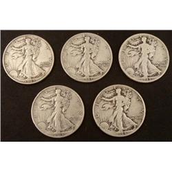 1 Lot of 5 Mixed Date Silver Liberty Half Dollars