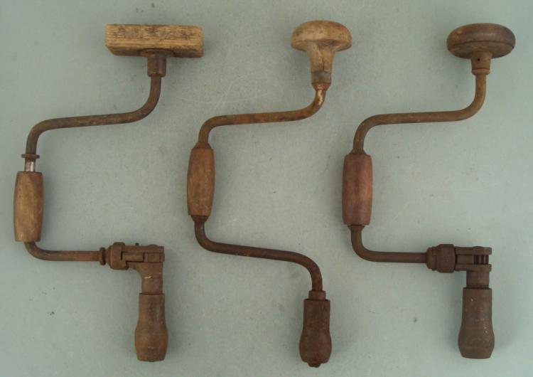 3 Vintage Antique Hand Drills w/ Wooden Handles