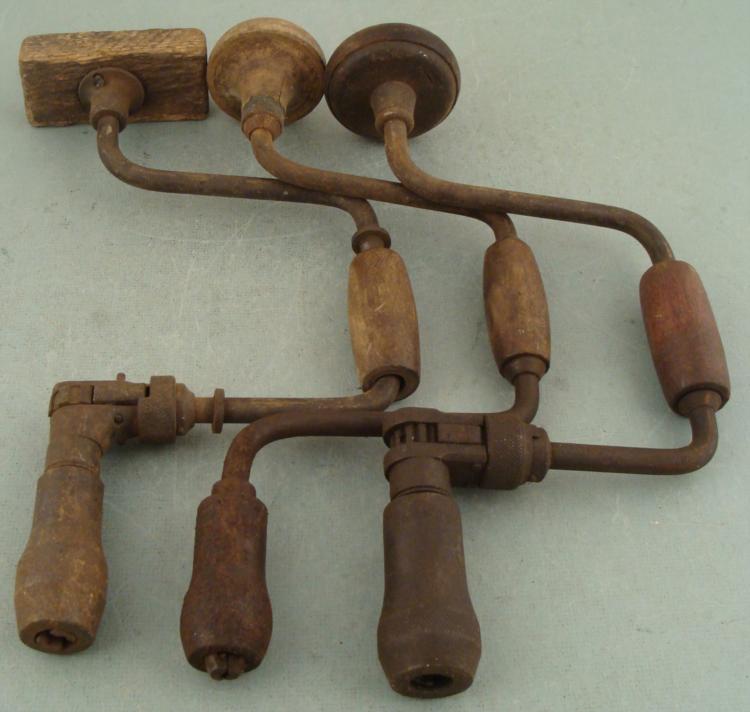 3 Vintage Antique Hand Drills w/ Wooden Handles