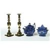 Image 1 : PAIR OF CANDLESTICKS AND HISTORIC BLUE STAFFORDSHIRE SUGAR AND TEAPOT.