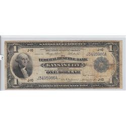 $1 FEDERAL RESERVE BANK CURRENCY 1918 KANSAS