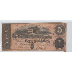 $5 CONFEDERATE CSA 1864 CURRENCY