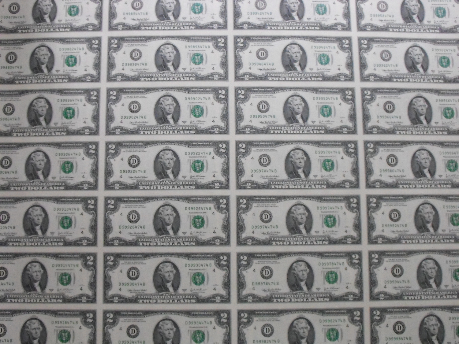 UNCUT SHEET OF 32 2 BILLS 2003 ""CLEVELAND""