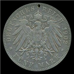 1902 Germany Hamburg 5 Mark Rare Hi Grade Holed (COI-5248)
