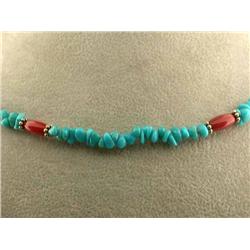Turquoise and Coral Necklace with Silver Clasp