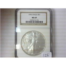 1992 AMERICAN SILVER EAGLE NGC MS69