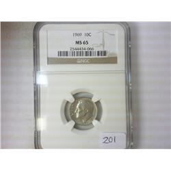 1969 ROOSEVELT DIME NGC MS65