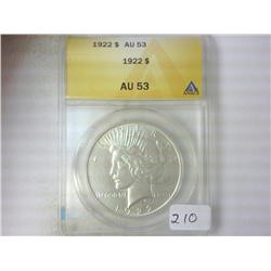 1922 PEACE SILVER DOLLAR ANACS AU53