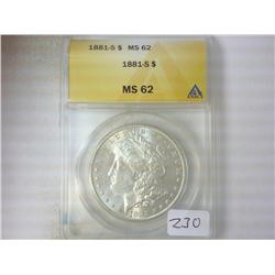 1881-S MORGAN SILVER DOLLAR ANACS MS62