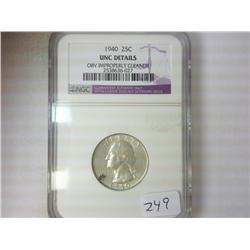 1940 WASHINGTON SILVER QUARTER NGC UNC DETAILS