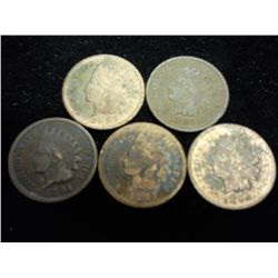 5 ASSORTED 1890'S INDIAN HEAD CENTS (AS SHOWN)