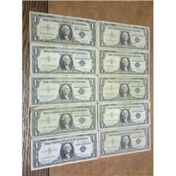 10 ASSORTED 1957 $1 SILVER CERTIFICATES