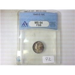 1945-D MERCURY DIME ANACS MS64 FSB