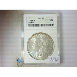 1883 VAM 4 MORGAN SILVER DOLLAR ANACS MS62