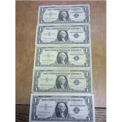 5 ASSORTED 1957 $1 SILVER CERTIFICATES