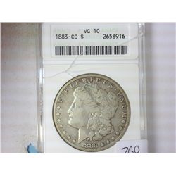 1883-CC MORGAN SILVER DOLLAR ANACS (VERY GOOD 10)