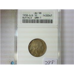 1938-D/S BUFFALO NICKEL ANACS AU58 OMM-1