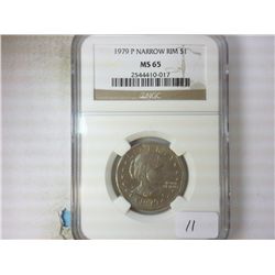 1979-P NARROW RIM SBA DOLLAR NGC MS65
