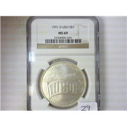 1991-D USO SILVER DOLLAR NGC MS69