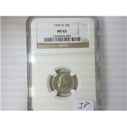 1969-D ROOSEVELT DIME NGC MS65